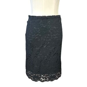 Black Floral Lace Pencil Skirt High Waist Scalloped Hem Knee Length Velvet Lined